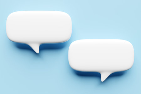 Speech Bubble on blue Isolated background. Quote box frame, post text quotesの写真素材