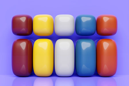 Five multi-colored volumetric blocks. Samples for paintingの写真素材