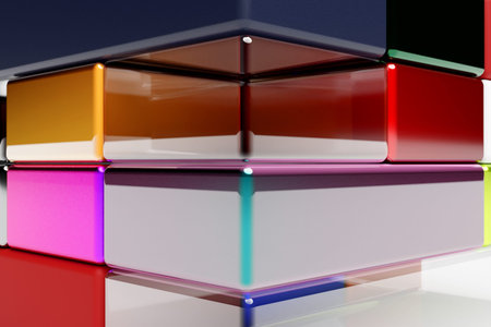 3D illustration volumetric colorful cubes. Parallelogram pattern. technology geometry neon backgroundの写真素材
