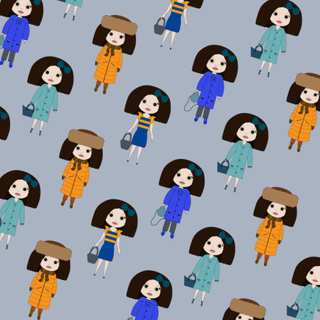 vector girl pattern. colorful toys on blue backgroundのイラスト素材