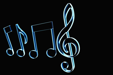 Realistic blue neon treble clef and musical notes on a black background. 3d golden musical symbol -...