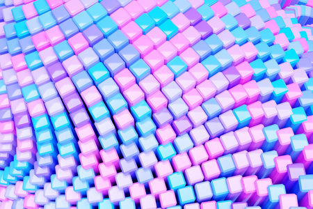 3D rendering. Blue and pink pattern of cubes of different shapes. Minimalistic pattern of simple...