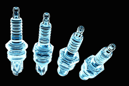 Blue spark plugs on black background. 3d illustration. Car Repair Parts