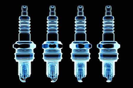 Blue spark plugs on black background. 3d illustration. Car Repair Parts