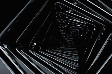 3d illustration curved square corridor with geometric walls. Close-up of a tunnel