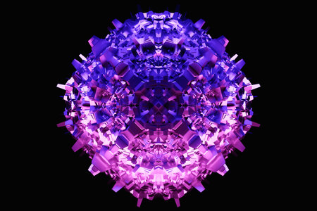 Abstract dynamic purple shape with many faces, sides on a black isolated background. 3D illustration...