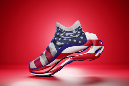 Colorful yellow sneakers with the American flag on the sole. The concept of bright trendy sneakers, 3D rendering.の写真素材