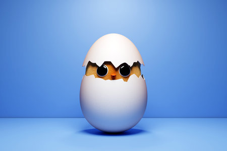 Adorable merry chicken baby peeking out of cracked egg. 3D illustration isolated on blue background