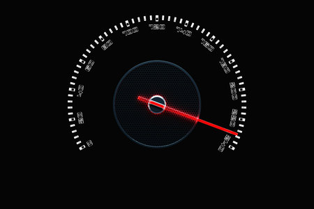 3D illustration close up black car panel, digital bright speedometer in sport style. The speedometer...