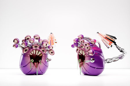 An angry pink cartoon monster with a huge number of eyes stars into the camera on a white...