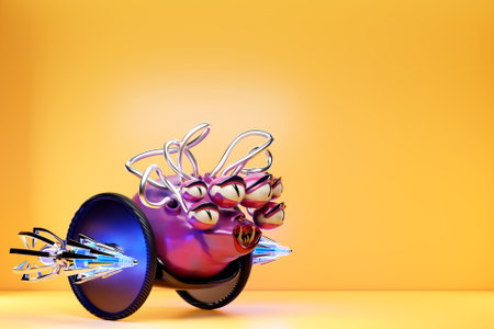 Angry pink cartoon monster with a huge number of eyes, a dangerous weapon - a stinger on wheels ready to attack on a yellow background. 3d illustrationの写真素材