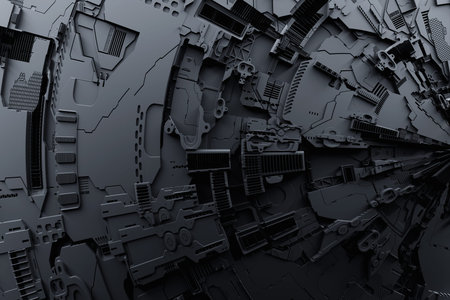 3D illustration of the Close up of the black cyber armor on neon lights. Abstract Graphics in the...