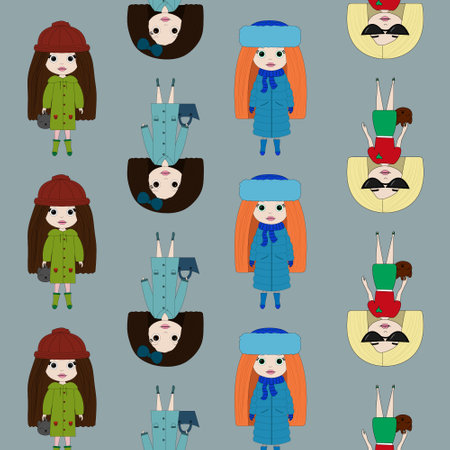 Cute little girls dressed for different seasons on a gray background. girlish background. Perfect for little girl designのイラスト素材
