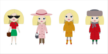 Cute little girls dressed for different seasons on a white background. girlish background. Perfect for little girl designのイラスト素材