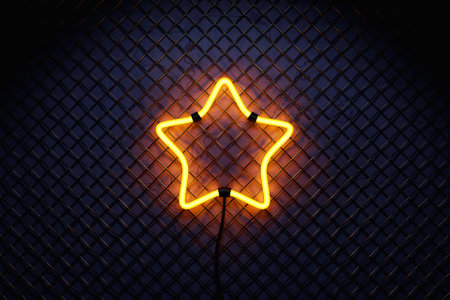 3D illustration of the neon yellow star arrow on a mesh wall. Realistic shiny signboard. Glowing star icon. Colored neon banner.の写真素材