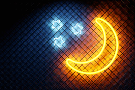 3d illustration realistic isolated neon sign moon and stars for decoration and covering on wall background.の写真素材