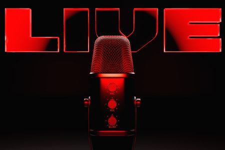 Pink retro microphone icon on a black background, close-up view. Live show, music recording, entertainment concept. 3d illustrationの写真素材