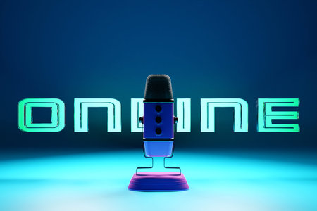 Blue retro microphone icon on a blue background, close-up view. Live show, music recording,...