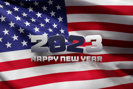 3d illustration of the national flag of USA with a congratulatory inscription happy new year 2023