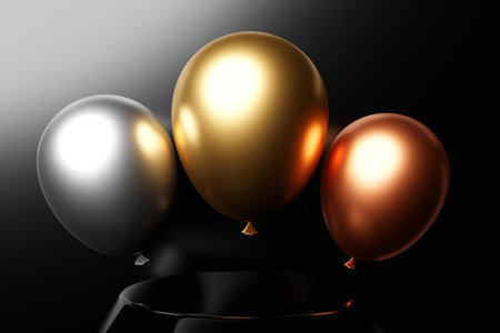 3D illustration of a round podium of winners with airy gold, silver and bronze balloons on a black isolated background. Pedestal. Empty pedestal of winners.の写真素材