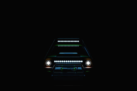 Blue modern SUV prepared for safari on black background - front view - 3D illustrationの写真素材
