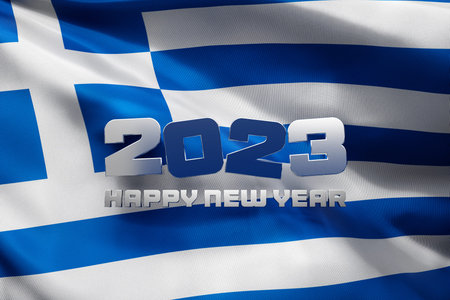 3d illustration of the national flag of Greece with a congratulatory inscription happy new year 2023