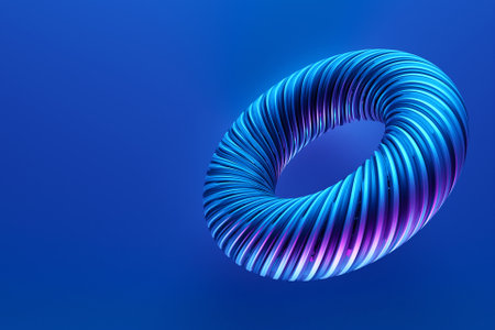 Blue futuristic neon torus donut on blue isolated background. 3D renderingの写真素材
