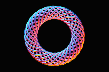 Pink and blue futuristic neon torus donut on black isolated background. 3D renderingの写真素材