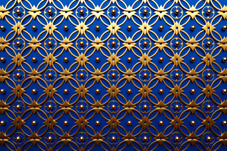Golden floral pattern in oriental style on a blue background. 3D illustration