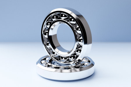 3D illustration set of roller bearing on blue background isolated. Metal autotechnology background. Part of the carの写真素材