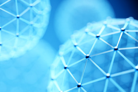 Blue sphere of lines and dots, molecular lattice, geometric shape, network connection, 3D illustrationの写真素材