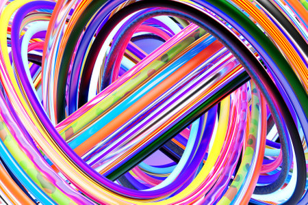 3D illustration, transparent illusion isometric abstract shapes colorful shapes intertwinedの写真素材