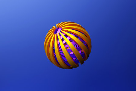 3D illustration of a yellow sphere with many faces and holes on a blue background. Cyber ball sphereの写真素材
