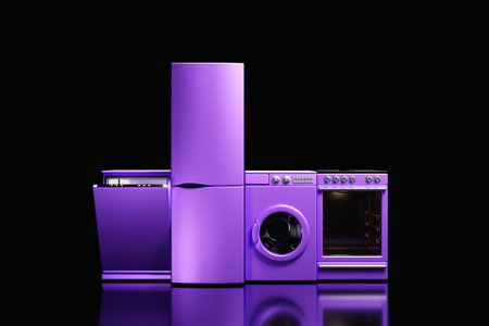 Realistic mockup of a washing machine, dishwasher, stove and refrigerator on a black background under purple lights. 3d Household appliances for household chores.の写真素材