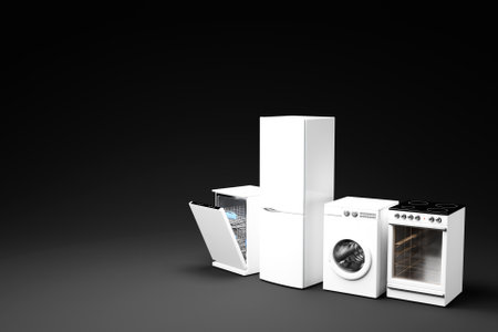 Realistic mockup of a washing machine, dishwasher, stove and refrigerator on a black background. 3d Household appliances for household chores.の写真素材