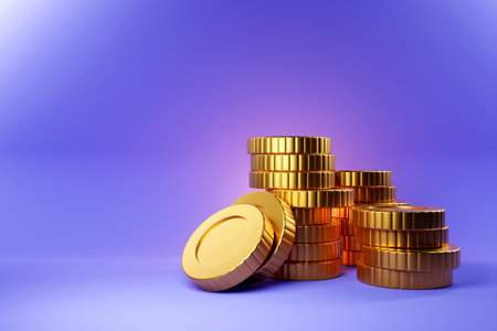Gold coin sign isolated on purple background. Income concept. 3D rendering.の写真素材