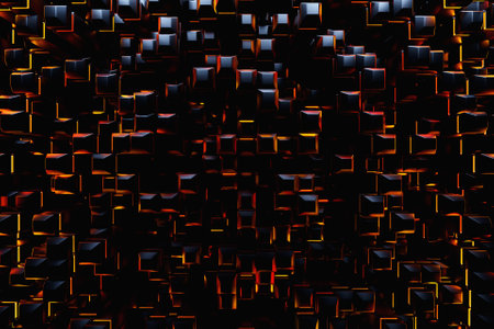 3D rendering. Black pattern of cubes of different shapes under orange neon lights. Minimalistic pattern of simple shapes. Bright creative symmetric textureの写真素材