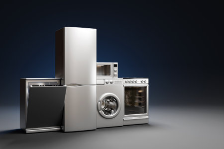 Appliances. Set of household kitchen appliances isolated on grey. Refrigerator, electric stove, dishwasher and washing machine. 3d illustrationの写真素材