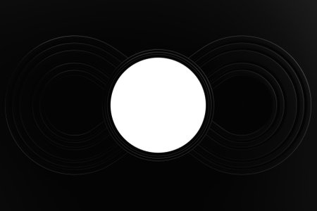 3D illustration white round frame for text on a black background with an infinity symbolの写真素材