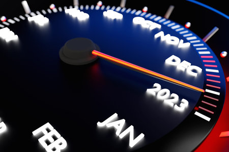 3D illustration close up black speedometer with cutoffs 2022,2023. The concept of the new year and...