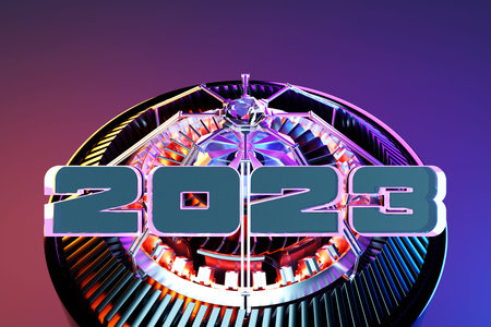 3d illustration Futuristic tech postcard with the year 2023 on the background of a metallic...