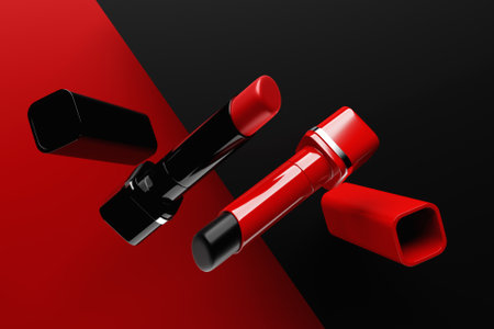 3D illustration, set of color lipsticks. Red and black lipsticks. Modern trendy design.の写真素材