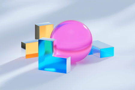 Product stand, pedestal, frame around flying spheres under blue and pink neon light, Vaporwave art...