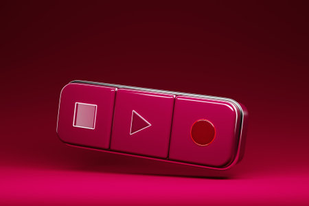 3d illustration of magenta music switch button: start, stop and record song on magenta isolated backgroundの写真素材