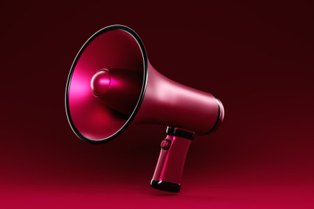 Megaphone speaker or megaphone loudspeaker, realistic 3d illustration. Modern isolated megaphone loudspeaker with buzzer and handle, lifeguard emergency signal and speakerphone for announcementsの写真素材