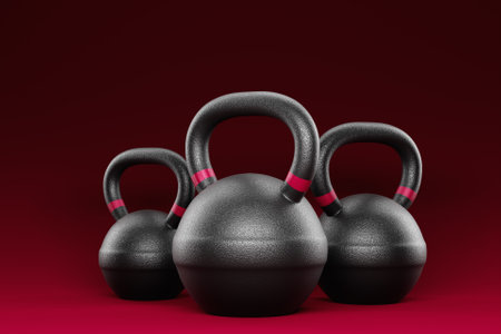 Training weights on magenta isolated background. Dumbbells, kettlebells. 3D illustrationの写真素材