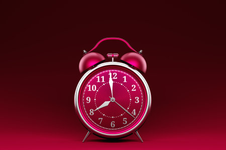 3d Illustration of a magenta alarm clock double bells in on a magenta background. Conceptual image of an alarm clock, rendered 3dの写真素材