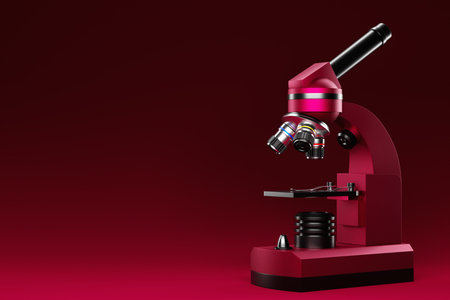 Realistic 3d microscope on magenta background, laboratory equipment. Microscope for laboratory...