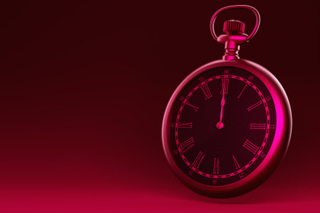 3d illustration of antique round clock on magenta isolated background. Stopwatch icon, logo. Chronometer, vintage timerの写真素材
