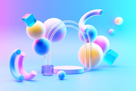 3d illustration of a purple circle podium stand on the background of a geometric composition. 3d...